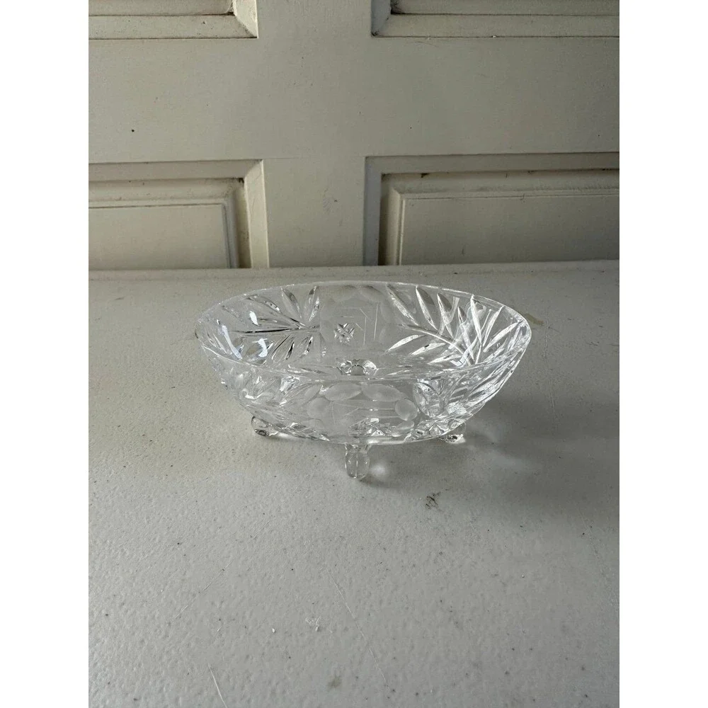 Vintage American Cut Leaf Pattern Footed Hungarian Glass Crystal Trinket Dish
